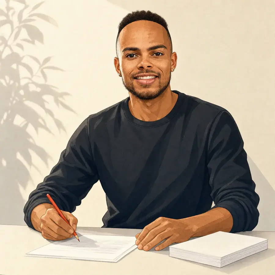 Illustrated portrait of Ryan Freeman-Jones at his desk, pencil in hand